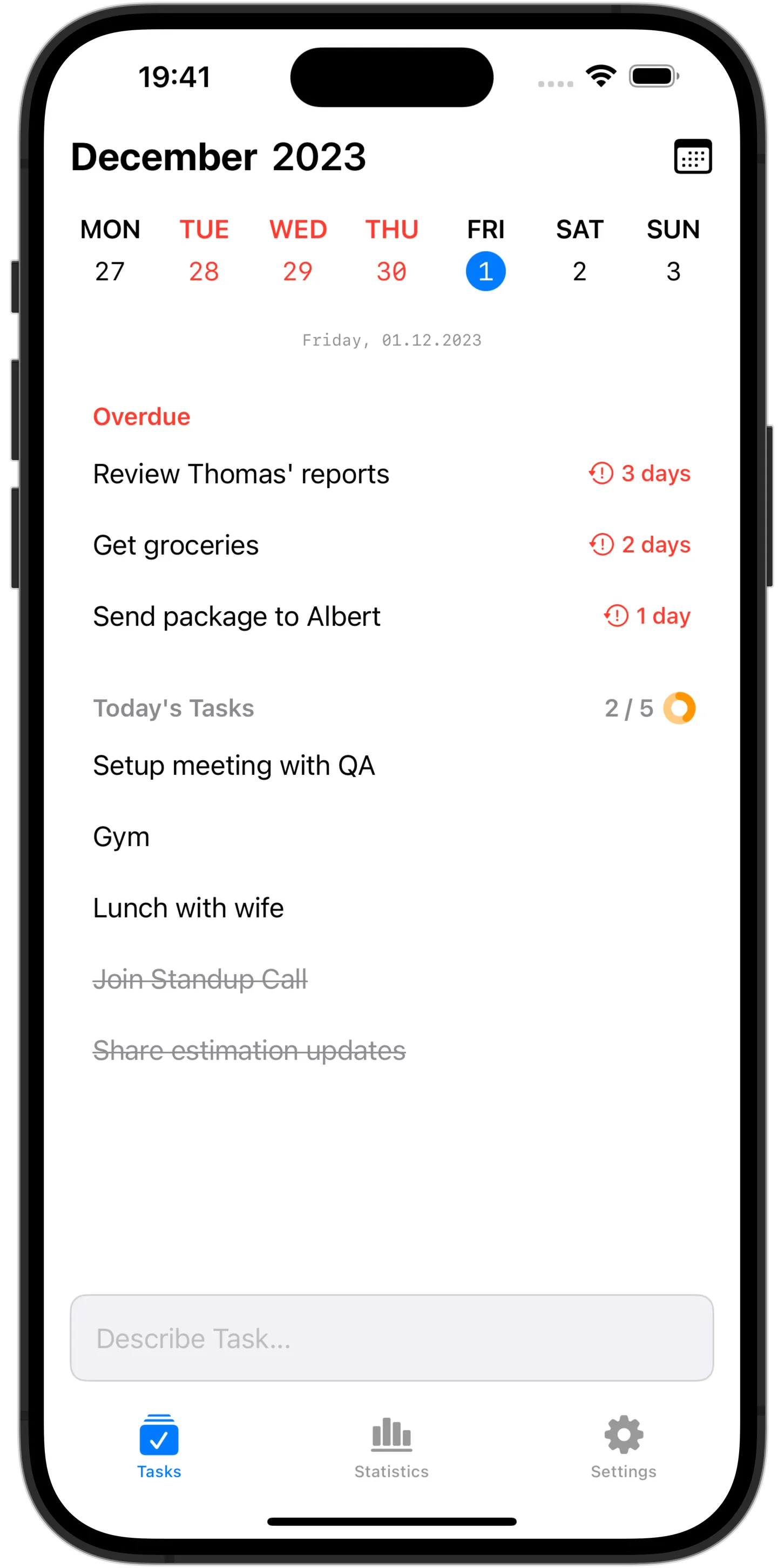 An iPhone frame showing the Doday app with a week calendar on top and showing both the overdue tasks and the tasks planned for the selected day.